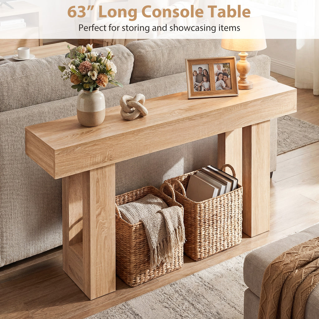 63 Inches Long Console Table Farmhouse Entryway Table with Storage-Natural