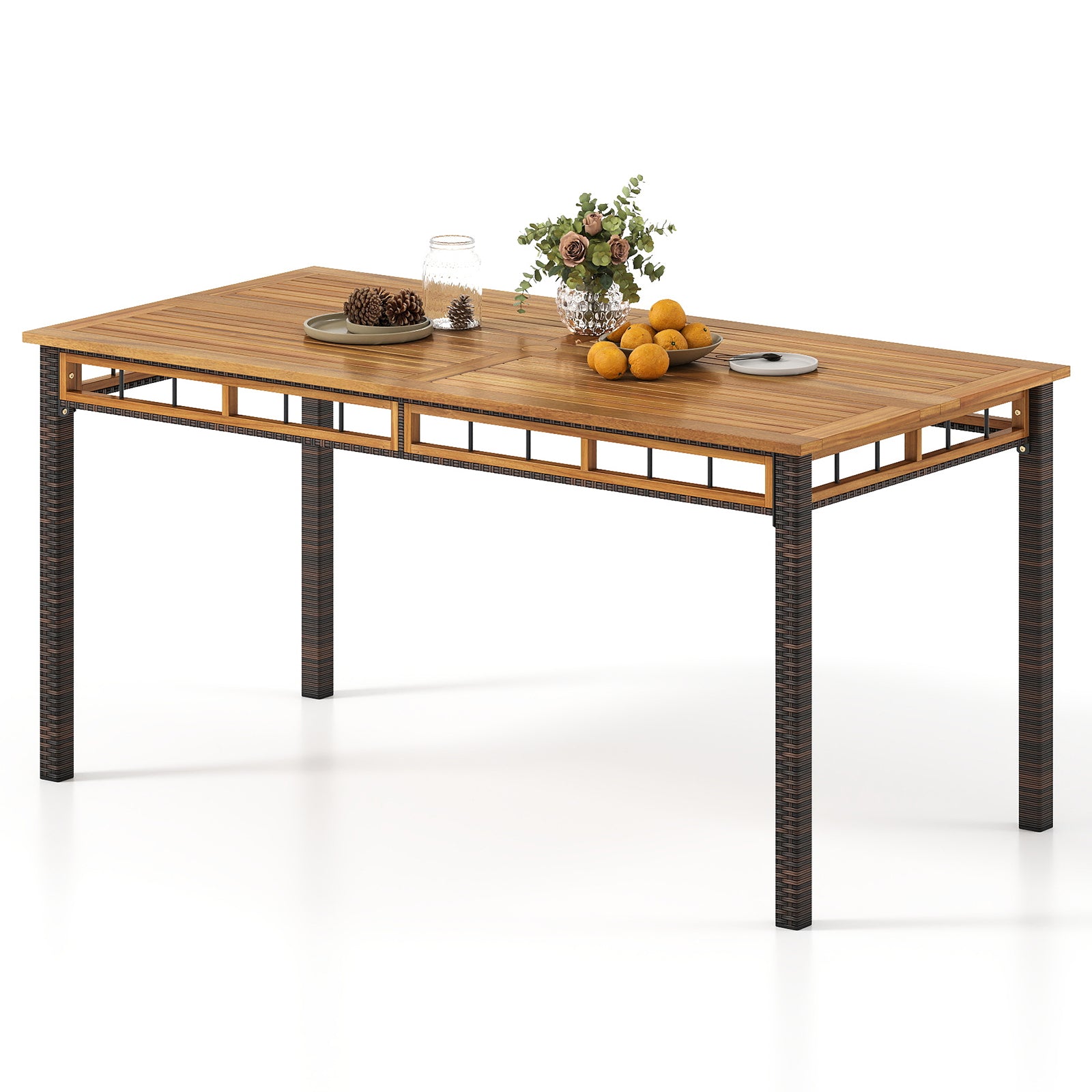Table à manger d'extérieur de 63 pouces avec plateau en bois d'acacia à lattes