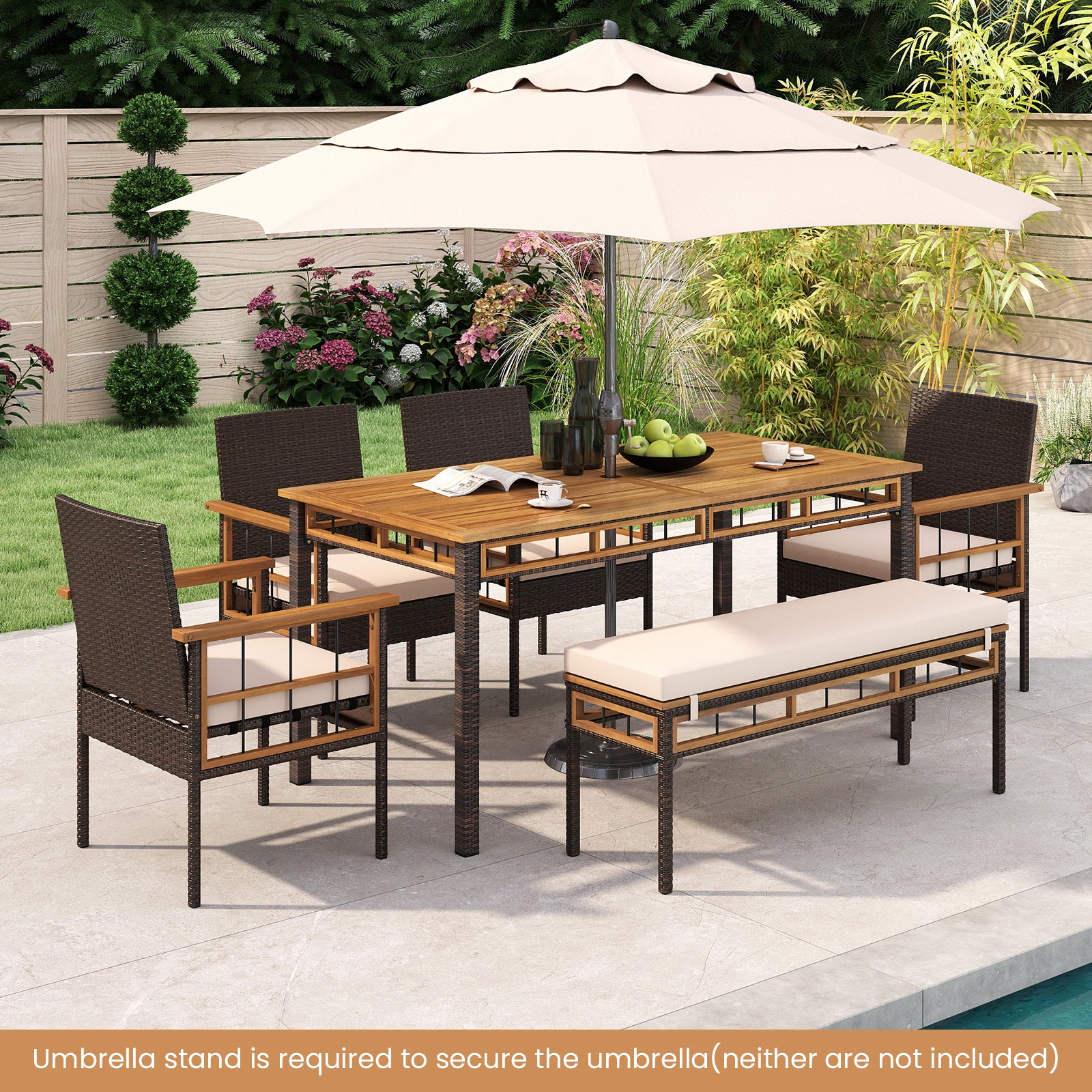 Table à manger d'extérieur de 63 pouces avec plateau en bois d'acacia à lattes