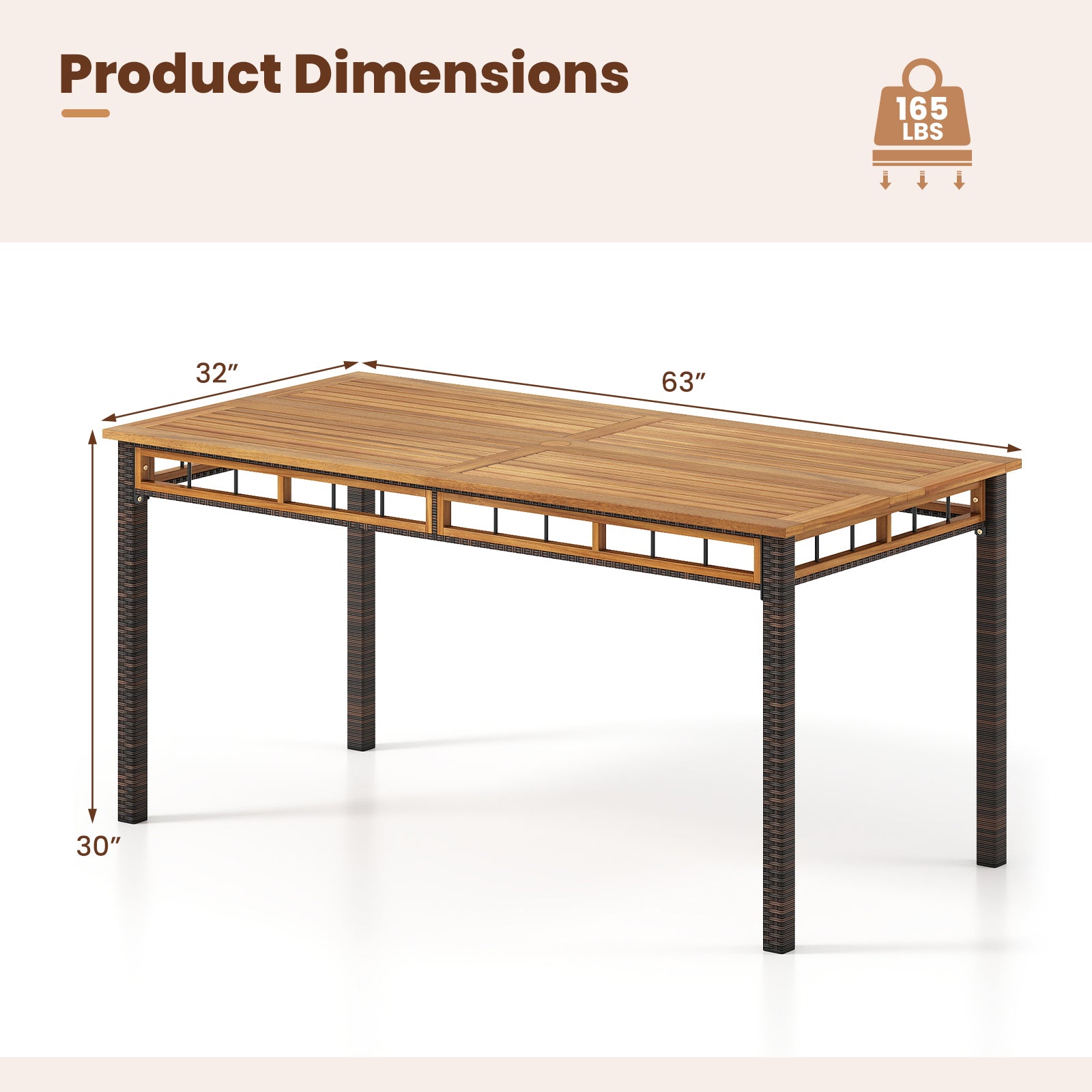 Table à manger d'extérieur de 63 pouces avec plateau en bois d'acacia à lattes