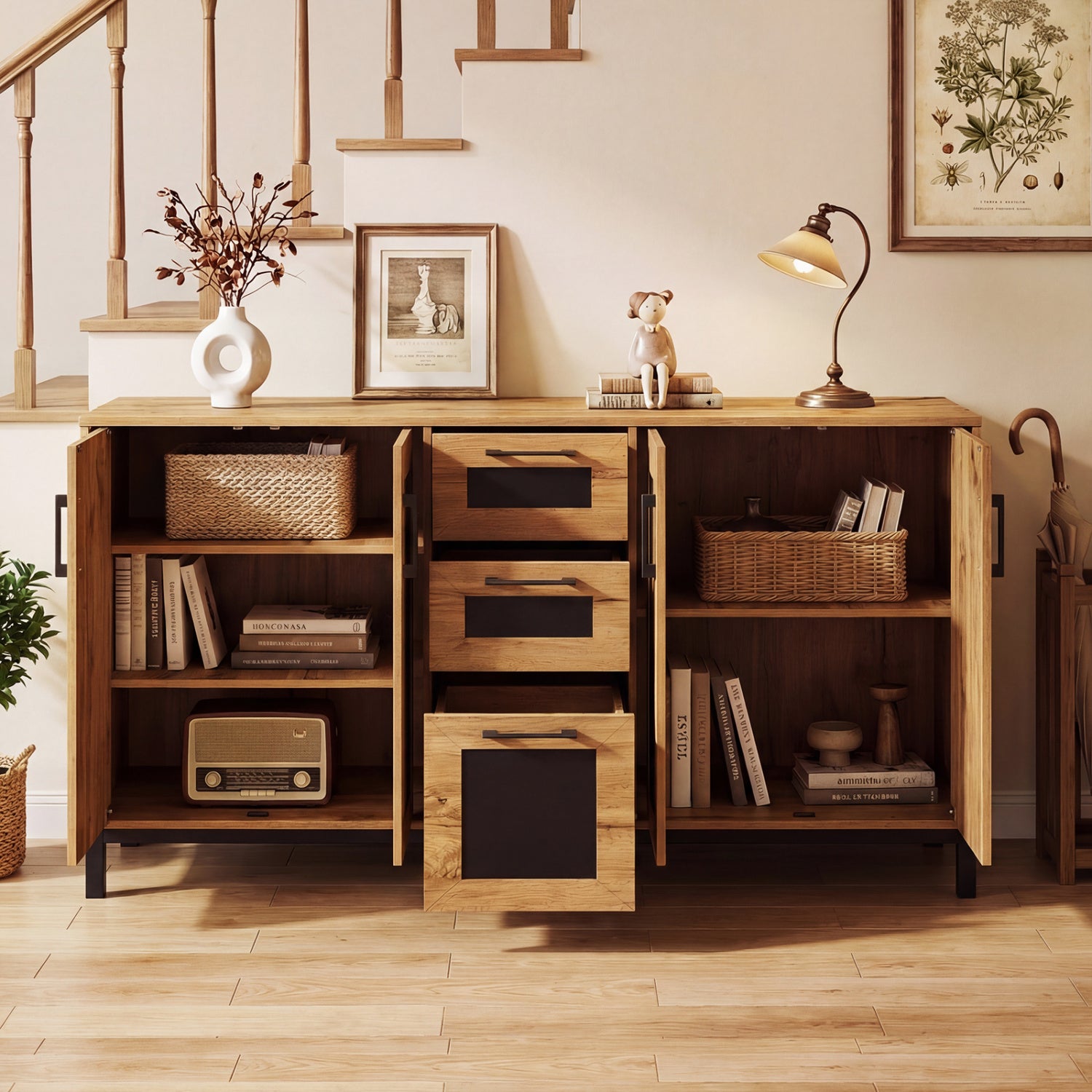 63" Sideboard Buffet Cabinet with 3 Drawers and Storage Shelves-Natural