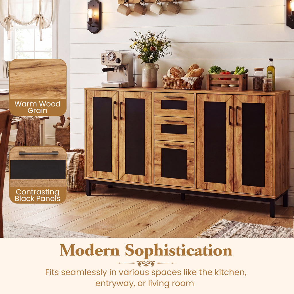 63" Sideboard Buffet Cabinet with 3 Drawers and Storage Shelves-Natural