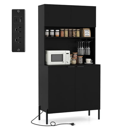 64.5 Inches Tall Kitchen Pantry Cabinet with Charging Station and Wine Glass Rack-Black - Black - Sideboards Cabinets &