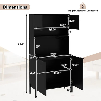 64.5 Inches Tall Kitchen Pantry Cabinet with Charging Station and Wine Glass Rack-Black - Black - Sideboards Cabinets &