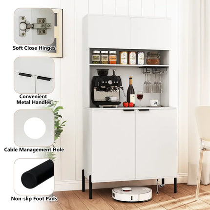 64.5 Inches Tall Kitchen Pantry Cabinet with Charging Station and Wine Glass Rack-White - White - Sideboards Cabinets &