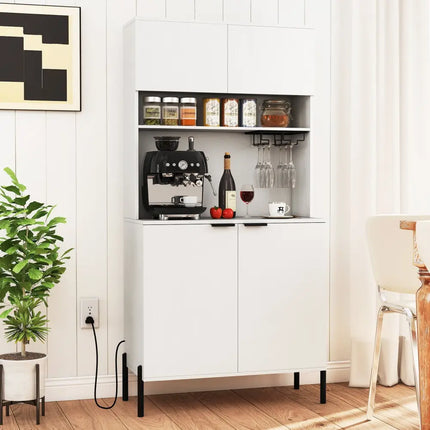 64.5 Inches Tall Kitchen Pantry Cabinet with Charging Station and Wine Glass Rack-White - White - Sideboards Cabinets &