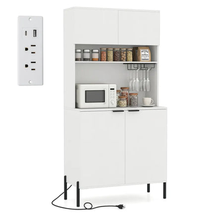 64.5 Inches Tall Kitchen Pantry Cabinet with Charging Station and Wine Glass Rack-White - White - Sideboards Cabinets &