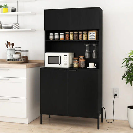 64.5 Inches Tall Kitchen Pantry Cabinet with Charging Station and Wine Glass Rack-Black - Black - Sideboards Cabinets &