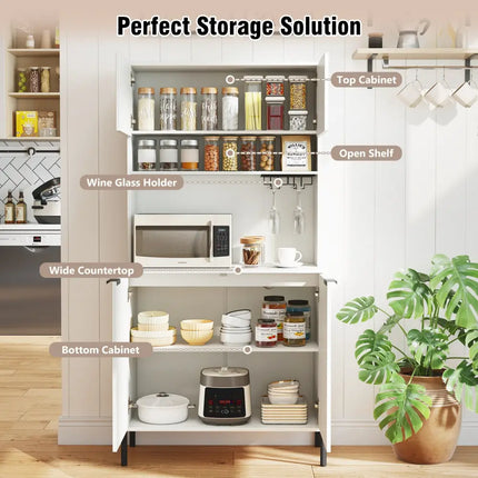 64.5 Inches Tall Kitchen Pantry Cabinet with Charging Station and Wine Glass Rack-White - White - Sideboards Cabinets &