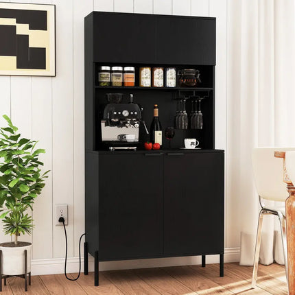 64.5 Inches Tall Kitchen Pantry Cabinet with Charging Station and Wine Glass Rack-Black - Black - Sideboards Cabinets &