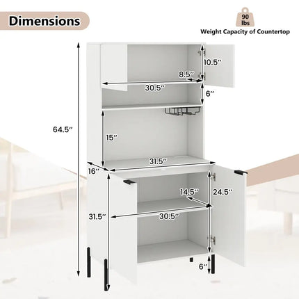 64.5 Inches Tall Kitchen Pantry Cabinet with Charging Station and Wine Glass Rack-White - White - Sideboards Cabinets &