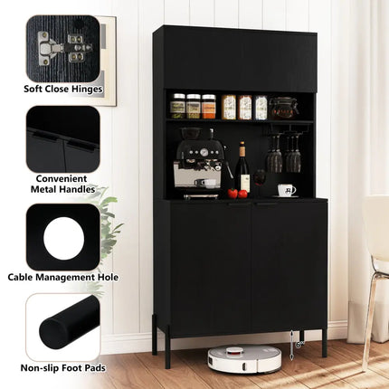64.5 Inches Tall Kitchen Pantry Cabinet with Charging Station and Wine Glass Rack-Black - Black - Sideboards Cabinets &