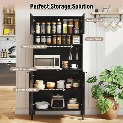 64.5 Inches Tall Kitchen Pantry Cabinet with Charging Station and Wine Glass Rack-Black - Black - Sideboards Cabinets &