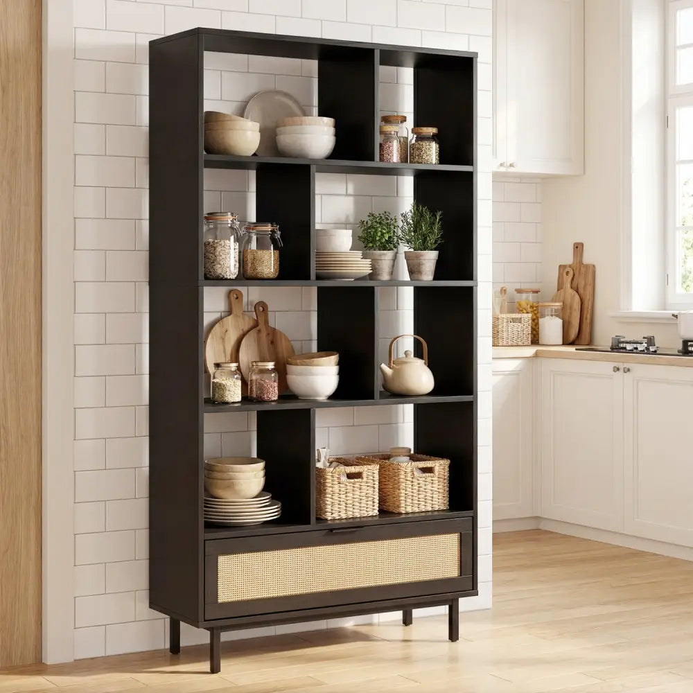 64 inch 6-Tier Tall Wooden Bookcase with 8 Open Cubes-Black - Black - Bookcases