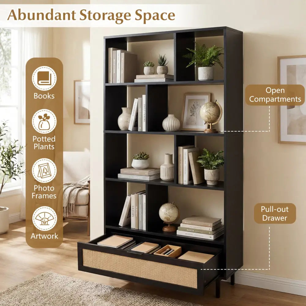 64 inch 6-Tier Tall Wooden Bookcase with 8 Open Cubes-Black - Black - Bookcases
