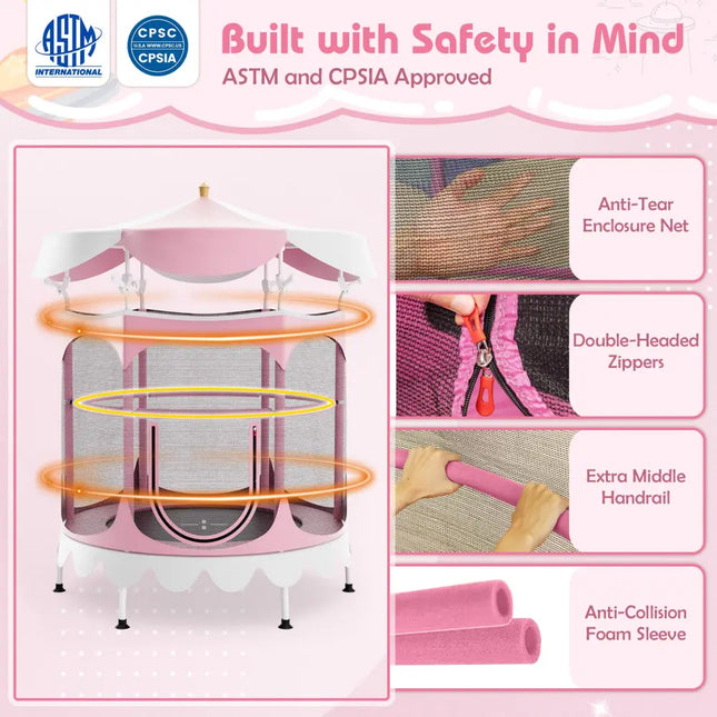 64 Inch Kids Trampoline with Detachable Canopy and Safety Enclosure Net-Pink - Pink - Trampolines