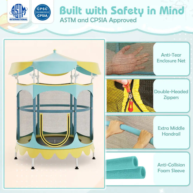 64 Inch Kids Trampoline with Detachable Canopy and Safety Enclosure Net-Yellow - Yellow - Trampolines