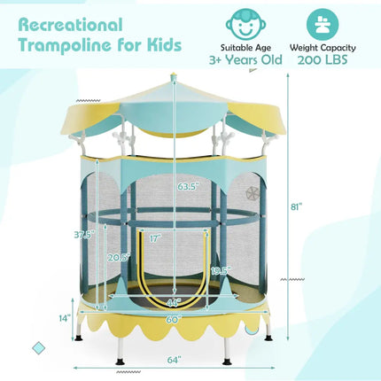 64 Inch Kids Trampoline with Detachable Canopy and Safety Enclosure Net-Yellow - Yellow - Trampolines
