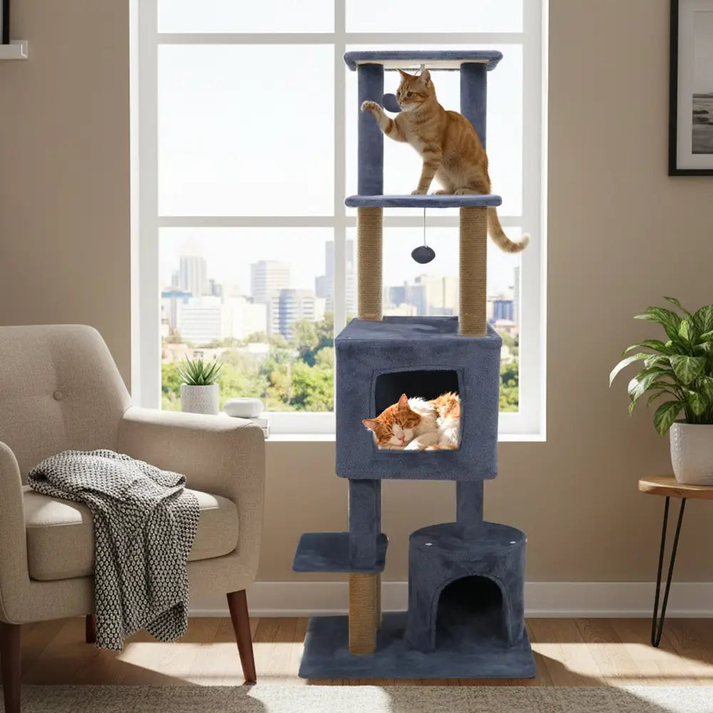64 Inch Tall Cat Tree with 2 Large Condos and Jute Scratching Posts for Indoor Adult Cats-Dark Grey - Dark Gray - Cat
