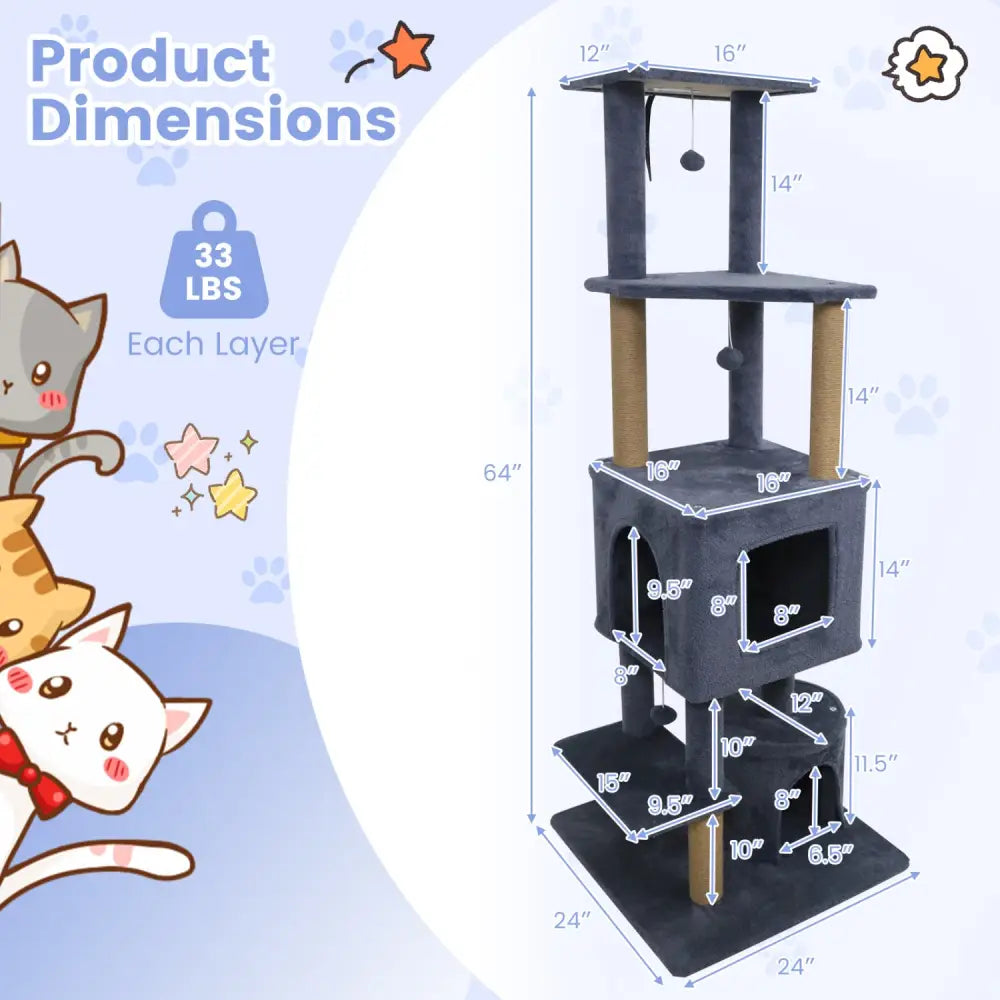 64 Inch Tall Cat Tree with 2 Large Condos and Jute Scratching Posts for Indoor Adult Cats-Dark Grey - Dark Gray - Cat