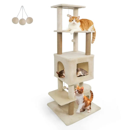 64 Inch Tall Cat Tree with 2 Large Condos and Jute Scratching Posts for Indoor Adult Cats - Beige - Oasis Home Essentials