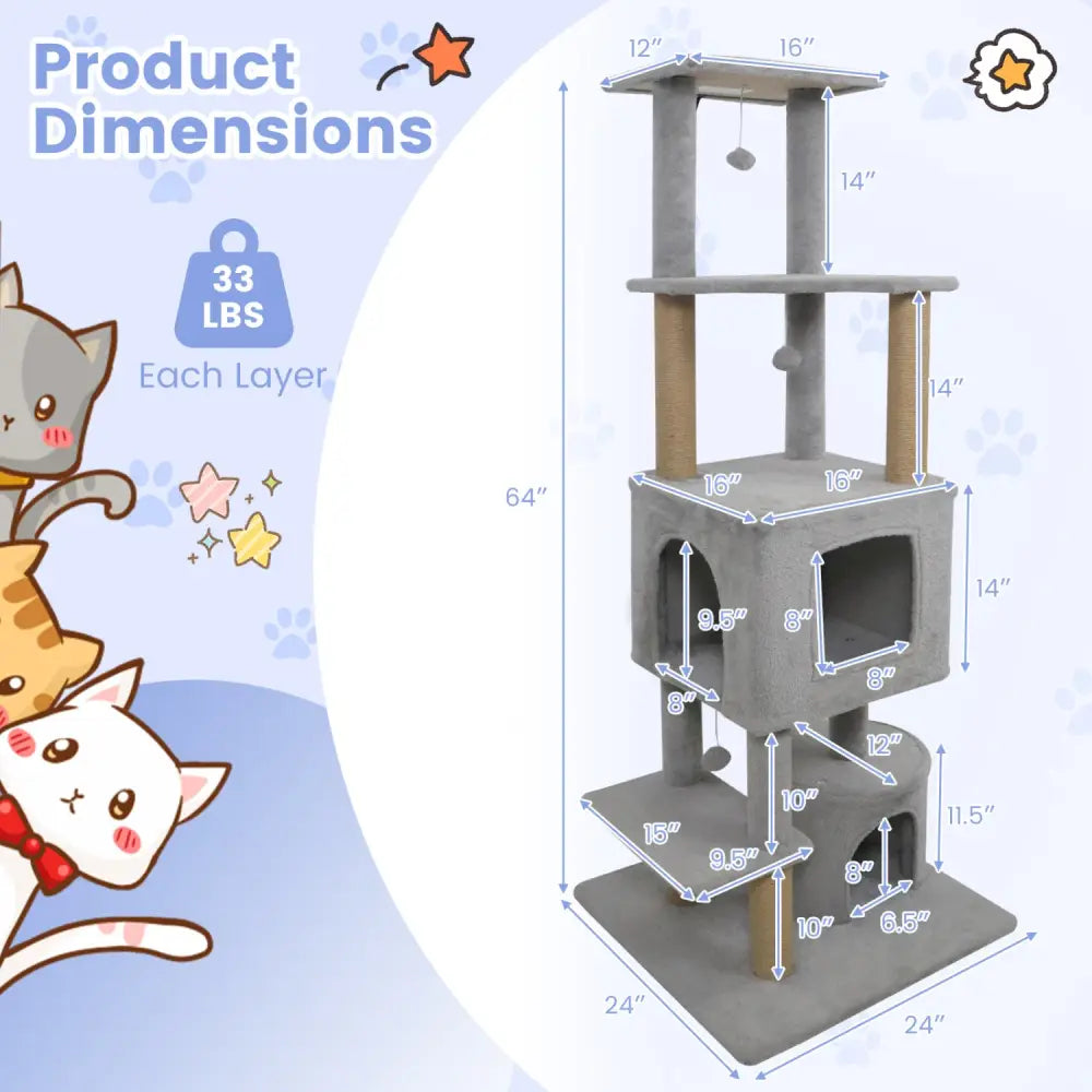 64 Inch Tall Cat Tree with 2 Large Condos and Jute Scratching Posts for Indoor Adult Cats-Light Grey - Light Gray - Cat