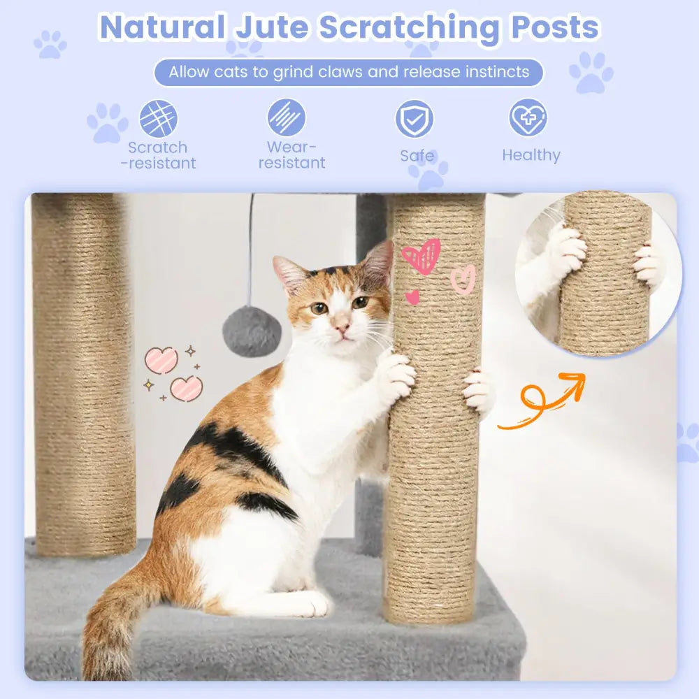 64 Inch Tall Cat Tree with 2 Large Condos and Jute Scratching Posts for Indoor Adult Cats-Light Grey - Light Gray - Cat
