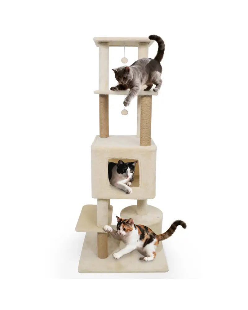 64 Inch Tall Cat Tree with 2 Large Condos and Jute Scratching Posts for Indoor Adult Cats-Beige - Beige - Cat Trees