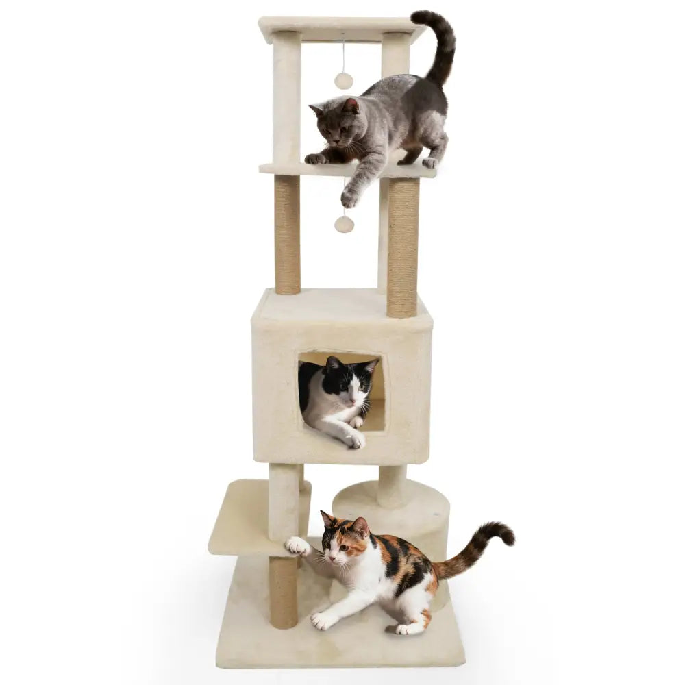 64 Inch Tall Cat Tree with 2 Large Condos and Jute Scratching Posts for Indoor Adult Cats-Beige - Beige - Cat Trees