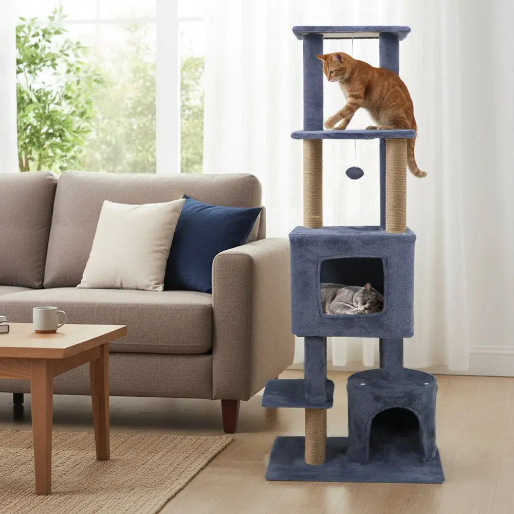 64 Inch Tall Cat Tree with 2 Large Condos and Jute Scratching Posts for Indoor Adult Cats-Dark Grey - Dark Gray - Cat