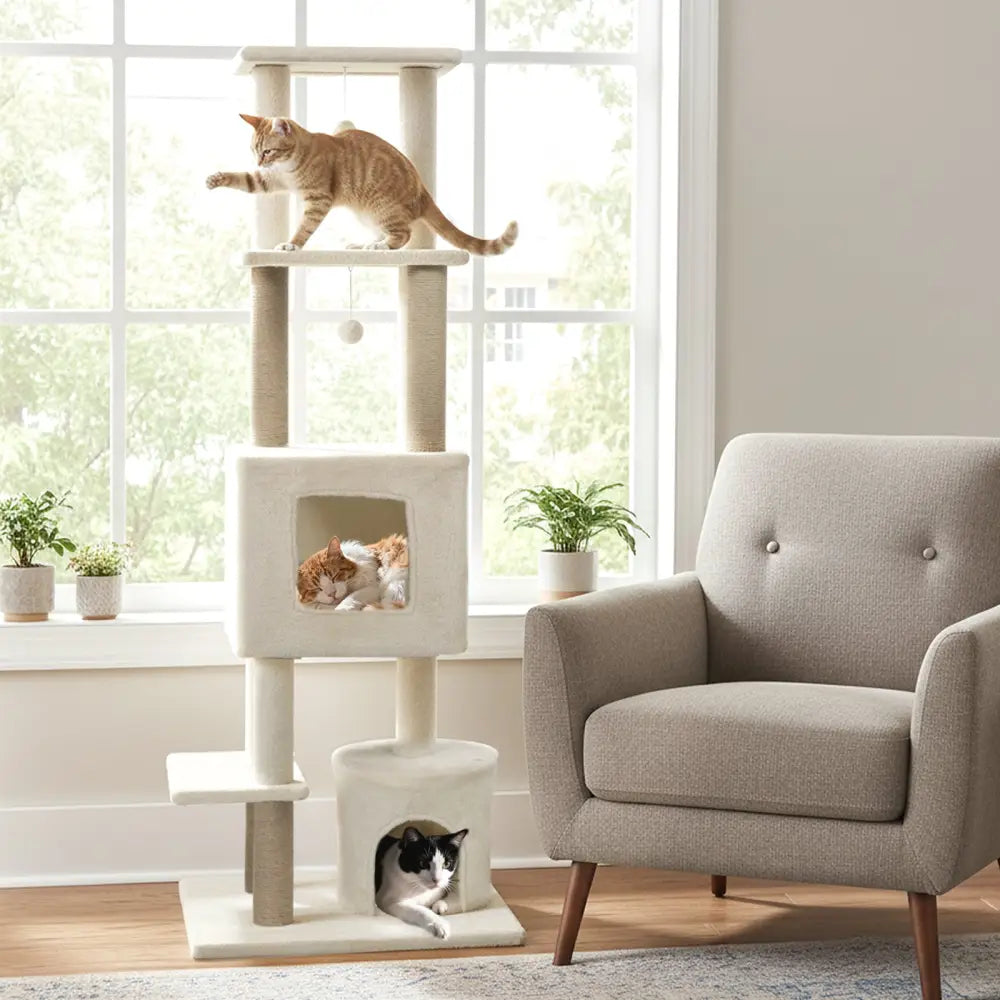 64 Inch Tall Cat Tree with 2 Large Condos and Jute Scratching Posts for Indoor Adult Cats-Beige - Beige - Cat Trees