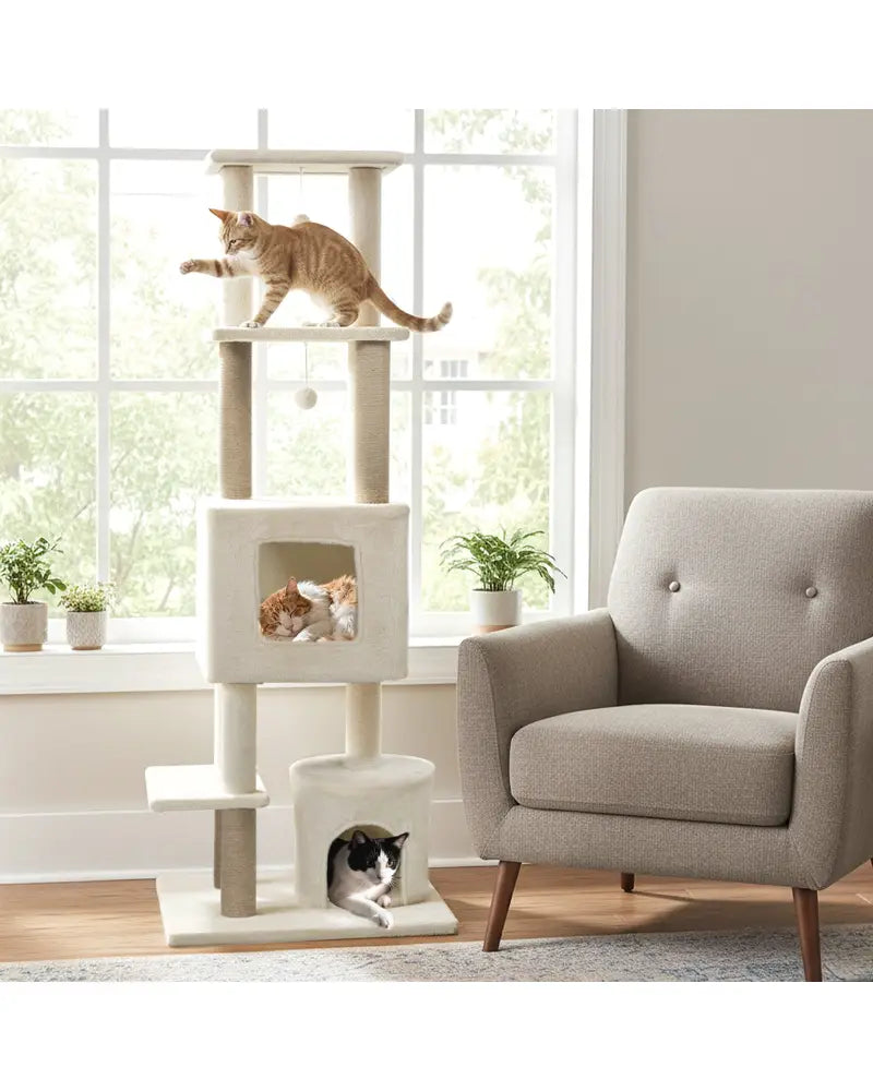 64 Inch Tall Cat Tree with 2 Large Condos and Jute Scratching Posts for Indoor Adult Cats-Beige - Beige - Cat Trees