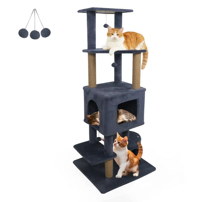 64 Inch Tall Cat Tree with 2 Large Condos and Jute Scratching Posts for Indoor Adult Cats - Dark Grey - Oasis Home Essentials