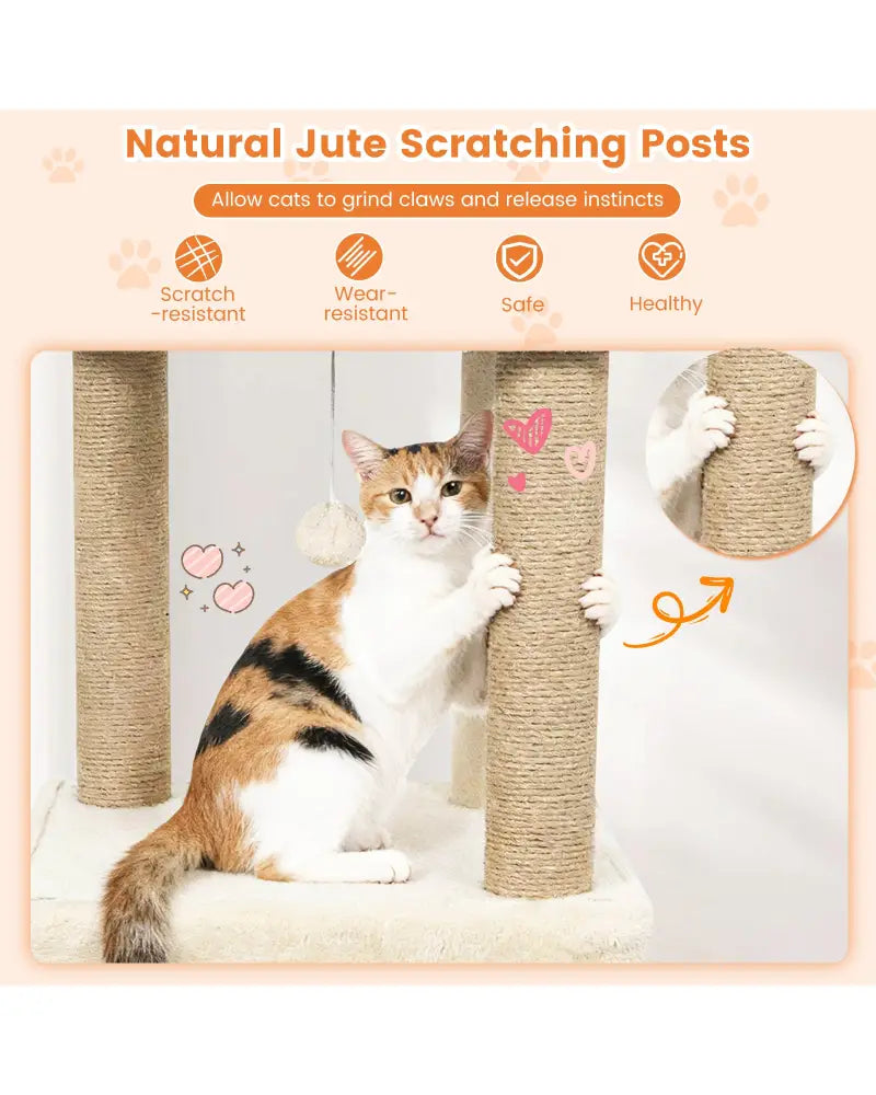 64 Inch Tall Cat Tree with 2 Large Condos and Jute Scratching Posts for Indoor Adult Cats-Beige - Beige - Cat Trees