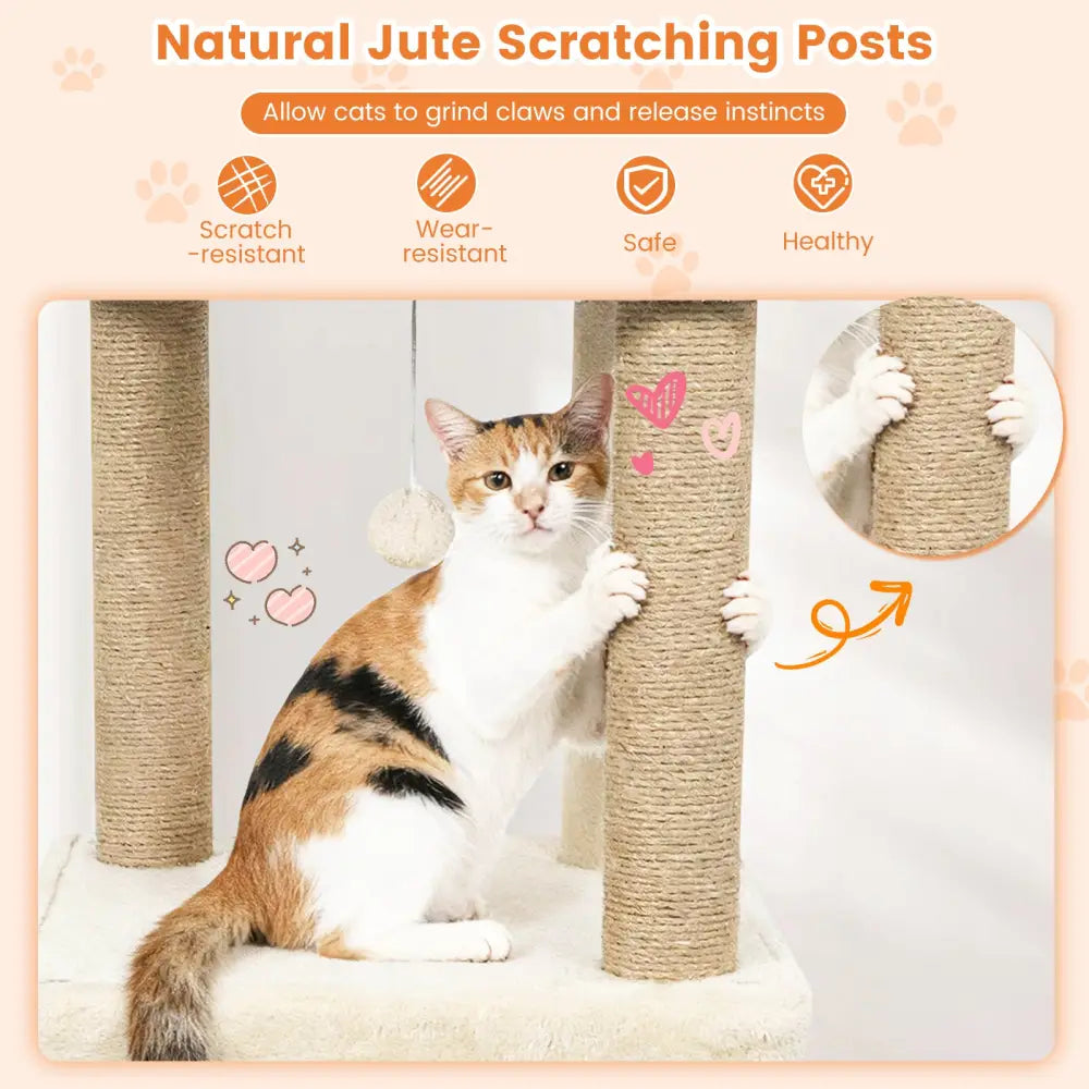 64 Inch Tall Cat Tree with 2 Large Condos and Jute Scratching Posts for Indoor Adult Cats-Beige - Beige - Cat Trees