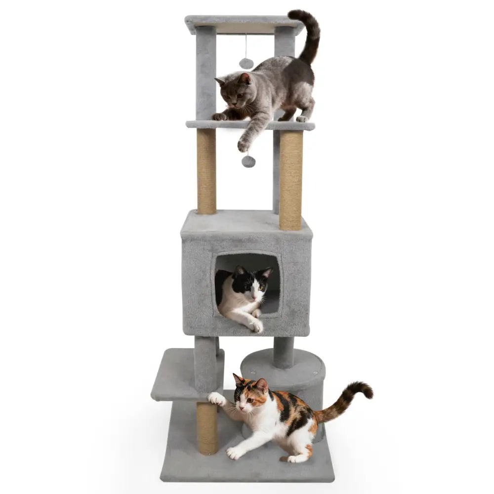 64 Inch Tall Cat Tree with 2 Large Condos and Jute Scratching Posts for Indoor Adult Cats-Light Grey - Light Gray - Cat
