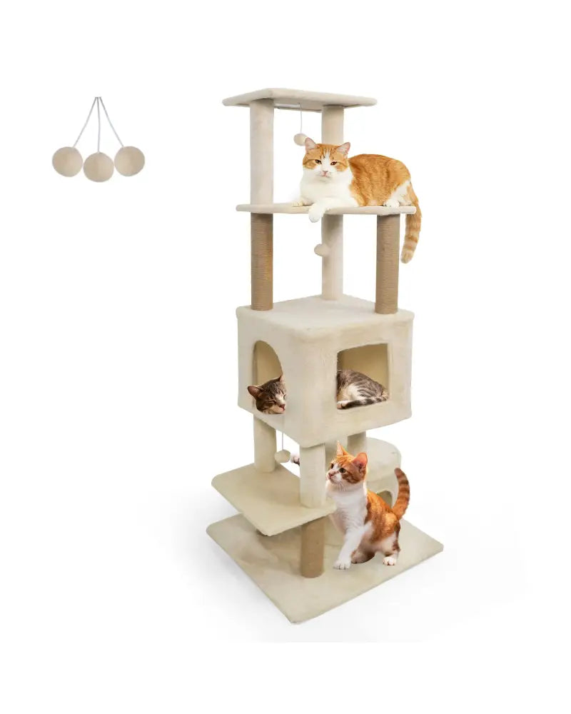 64 Inch Tall Cat Tree with 2 Large Condos and Jute Scratching Posts for Indoor Adult Cats-Beige - Beige - Cat Trees