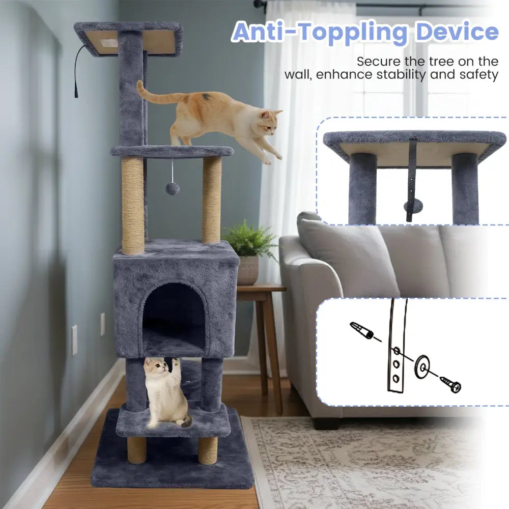 64 Inch Tall Cat Tree with 2 Large Condos and Jute Scratching Posts for Indoor Adult Cats-Dark Grey - Dark Gray - Cat