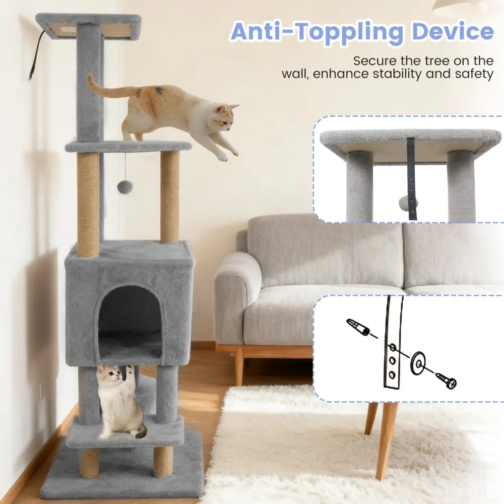 64 Inch Tall Cat Tree with 2 Large Condos and Jute Scratching Posts for Indoor Adult Cats-Light Grey - Light Gray - Cat