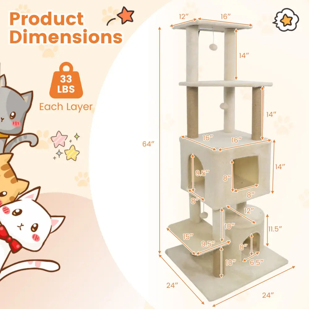 64 Inch Tall Cat Tree with 2 Large Condos and Jute Scratching Posts for Indoor Adult Cats-Beige - Beige - Cat Trees