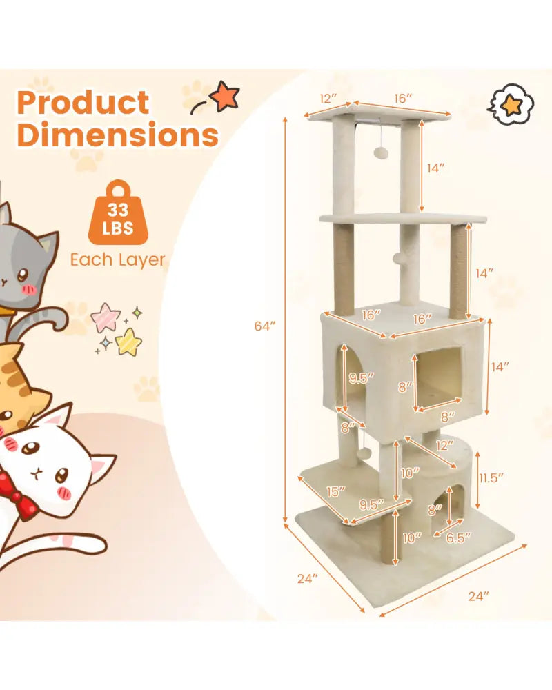 64 Inch Tall Cat Tree with 2 Large Condos and Jute Scratching Posts for Indoor Adult Cats-Beige - Beige - Cat Trees