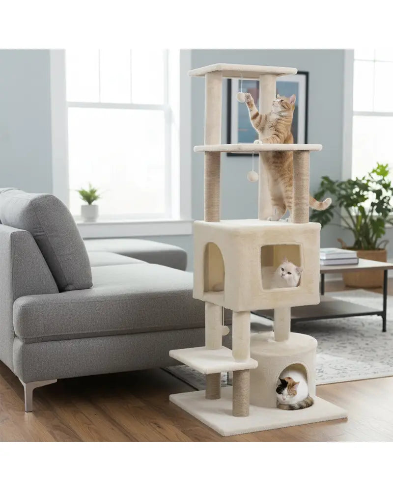64 Inch Tall Cat Tree with 2 Large Condos and Jute Scratching Posts for Indoor Adult Cats-Beige - Beige - Cat Trees