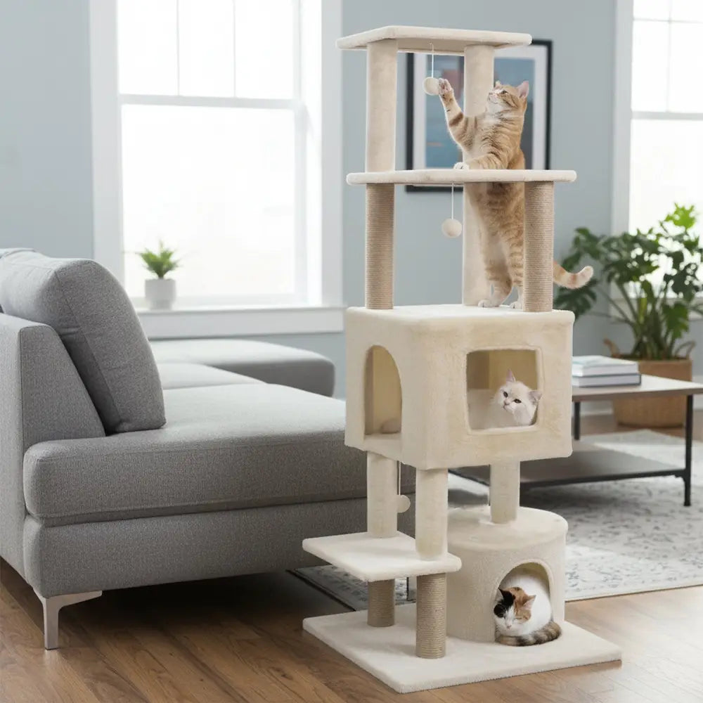 64 Inch Tall Cat Tree with 2 Large Condos and Jute Scratching Posts for Indoor Adult Cats-Beige - Beige - Cat Trees