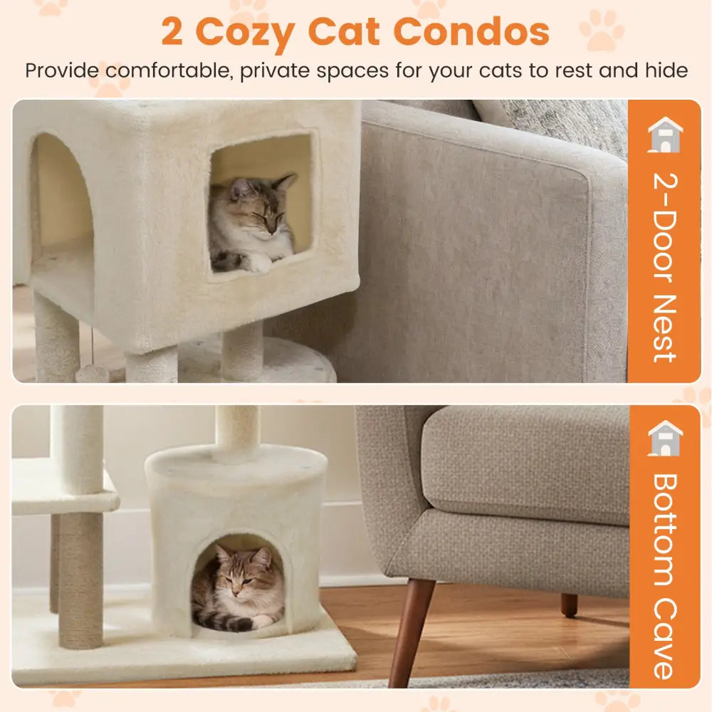 64 Inch Tall Cat Tree with 2 Large Condos and Jute Scratching Posts for Indoor Adult Cats-Beige - Beige - Cat Trees