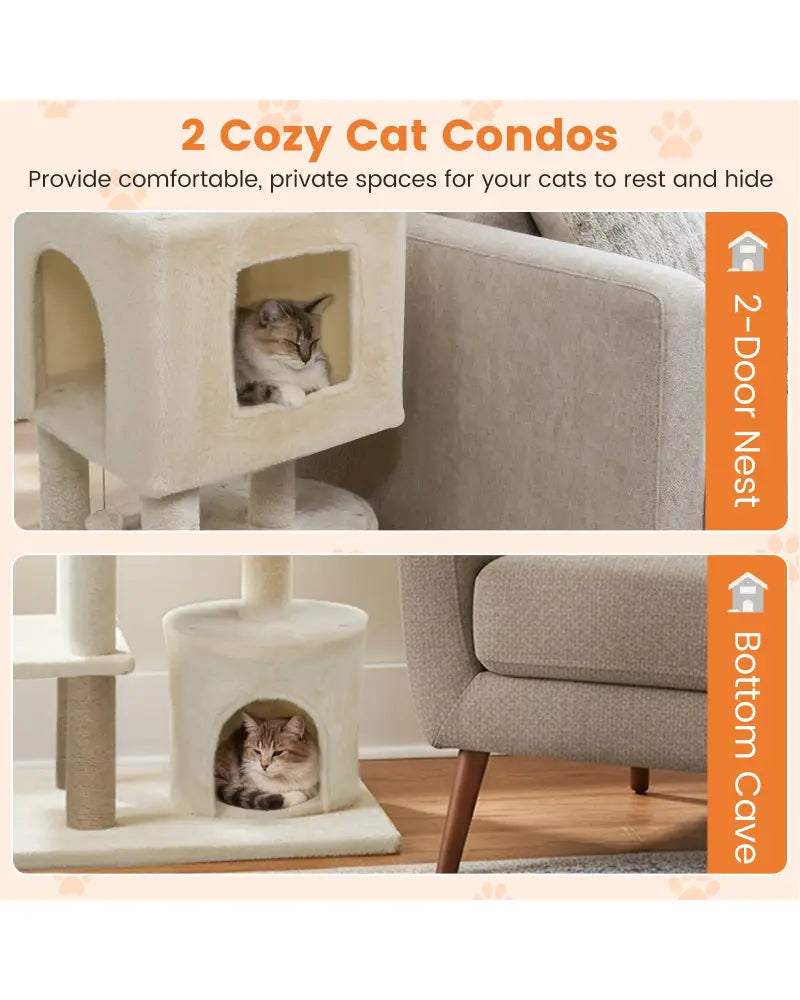 64 Inch Tall Cat Tree with 2 Large Condos and Jute Scratching Posts for Indoor Adult Cats-Beige - Beige - Cat Trees