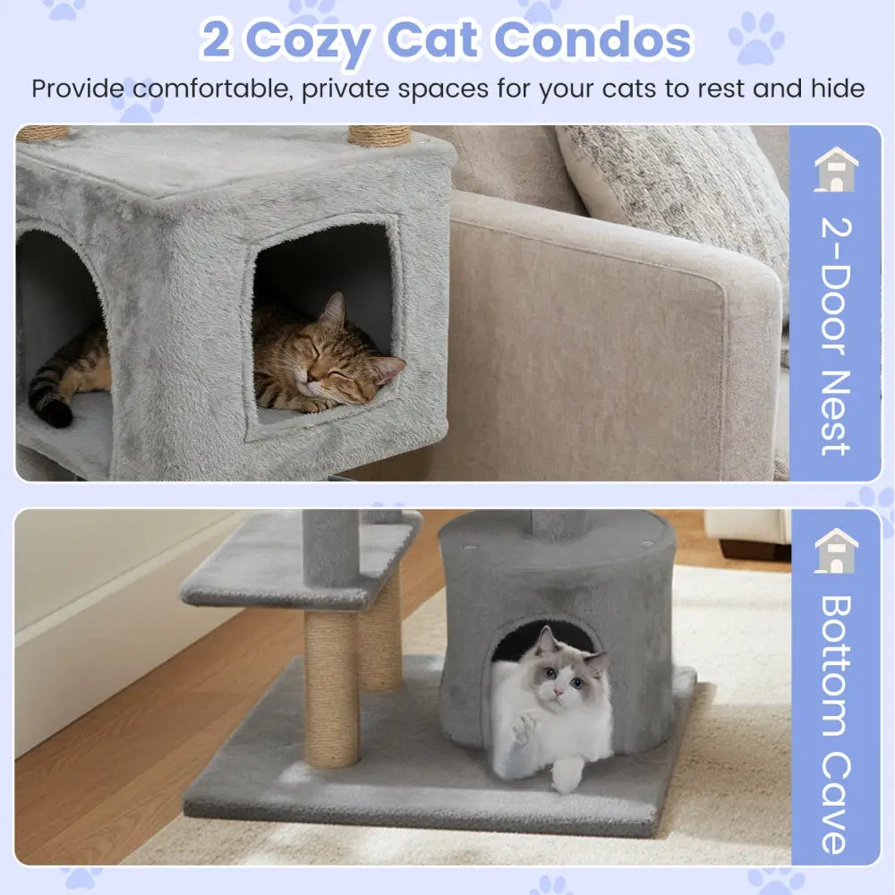 64 Inch Tall Cat Tree with 2 Large Condos and Jute Scratching Posts for Indoor Adult Cats-Light Grey - Light Gray - Cat