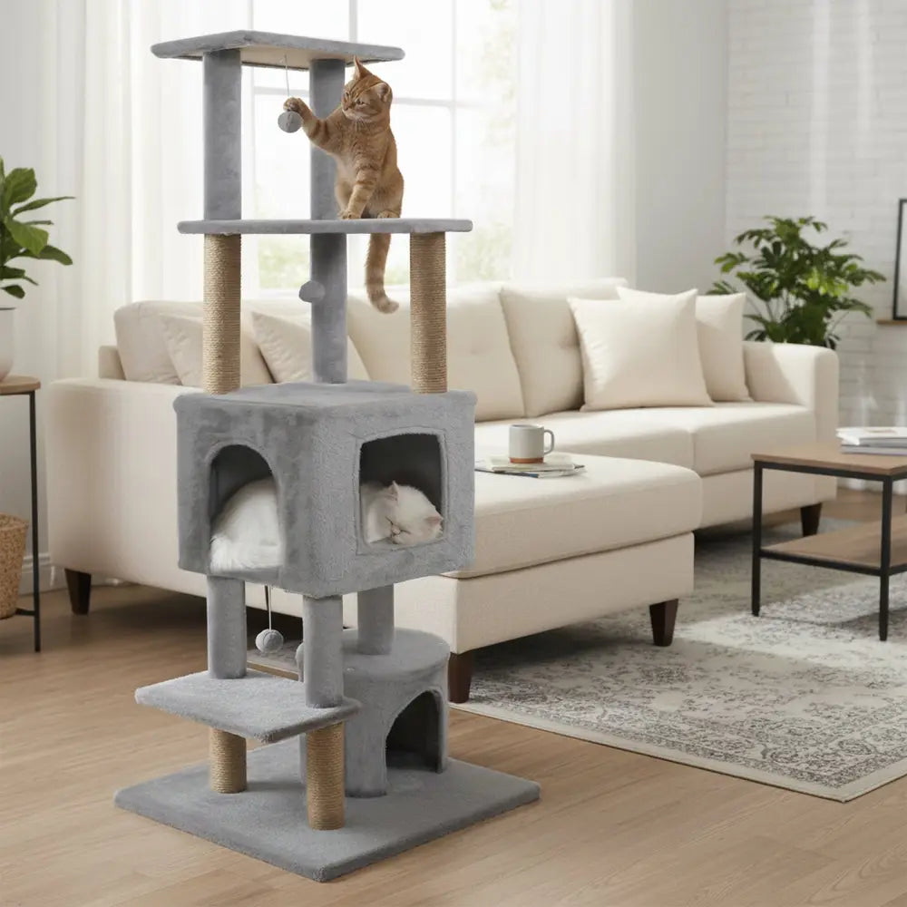 64 Inch Tall Cat Tree with 2 Large Condos and Jute Scratching Posts for Indoor Adult Cats-Light Grey - Light Gray - Cat