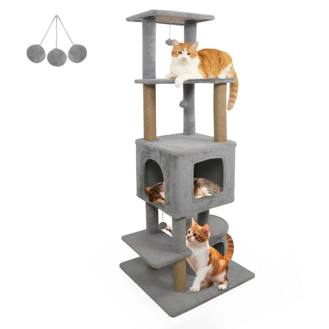 64 Inch Tall Cat Tree with 2 Large Condos and Jute Scratching Posts for Indoor Adult Cats - Light Grey - Oasis Home Essentials