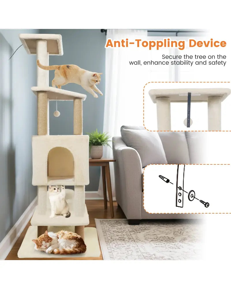 64 Inch Tall Cat Tree with 2 Large Condos and Jute Scratching Posts for Indoor Adult Cats-Beige - Beige - Cat Trees