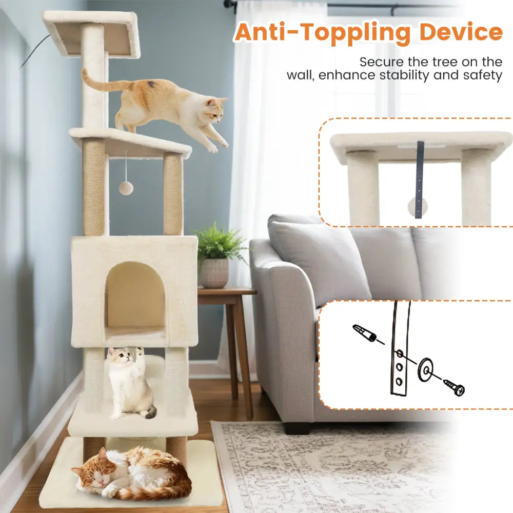 64 Inch Tall Cat Tree with 2 Large Condos and Jute Scratching Posts for Indoor Adult Cats-Beige - Beige - Cat Trees